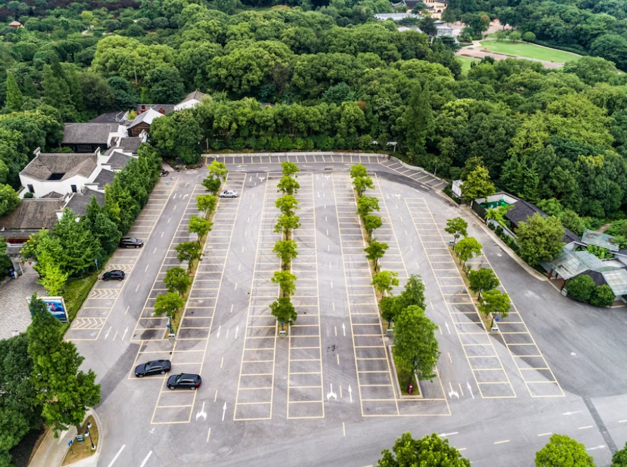 Parking lot surrounded by trees